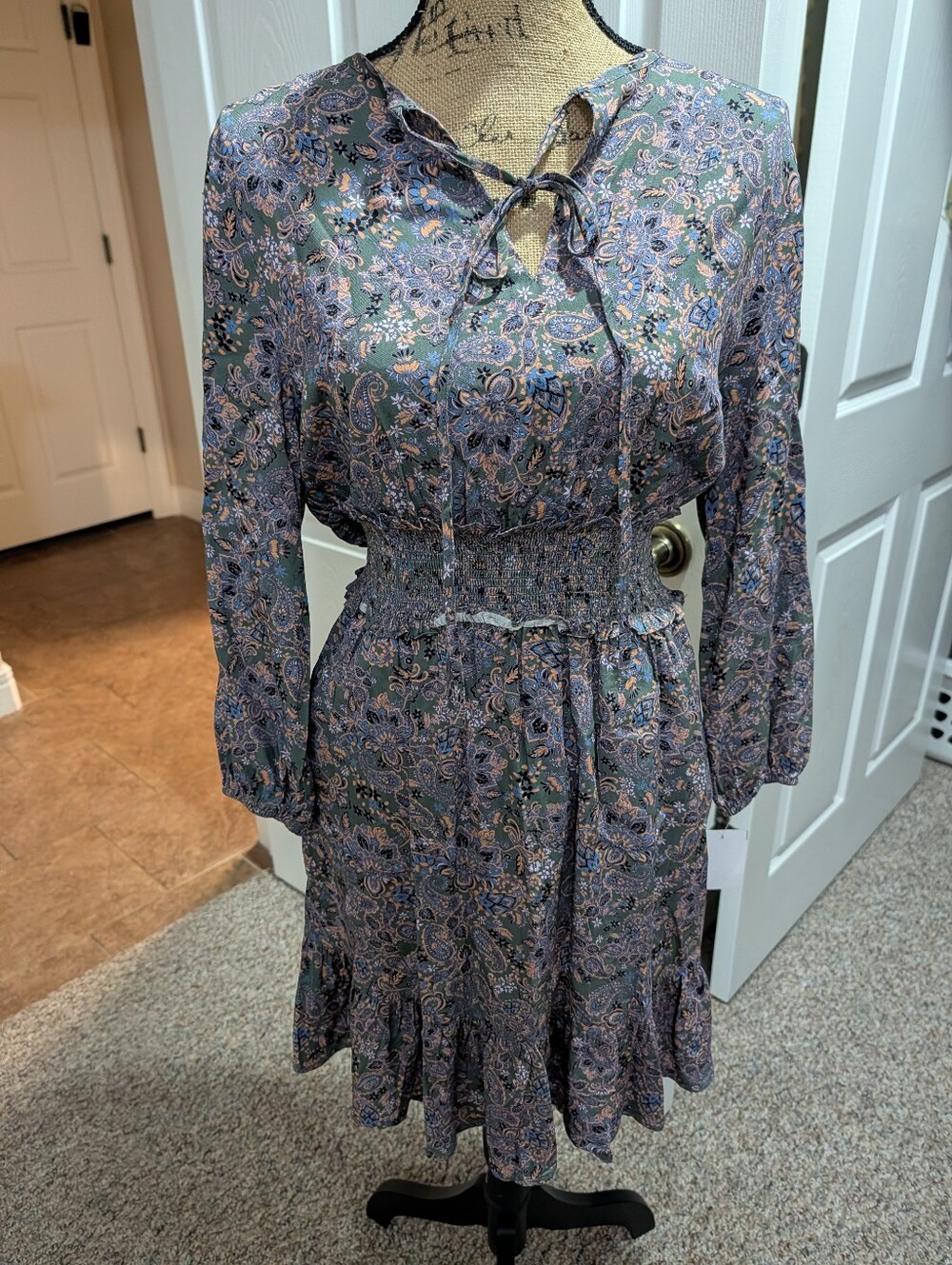 Floral Tie-Neck Smocked Waist Dress - Purple